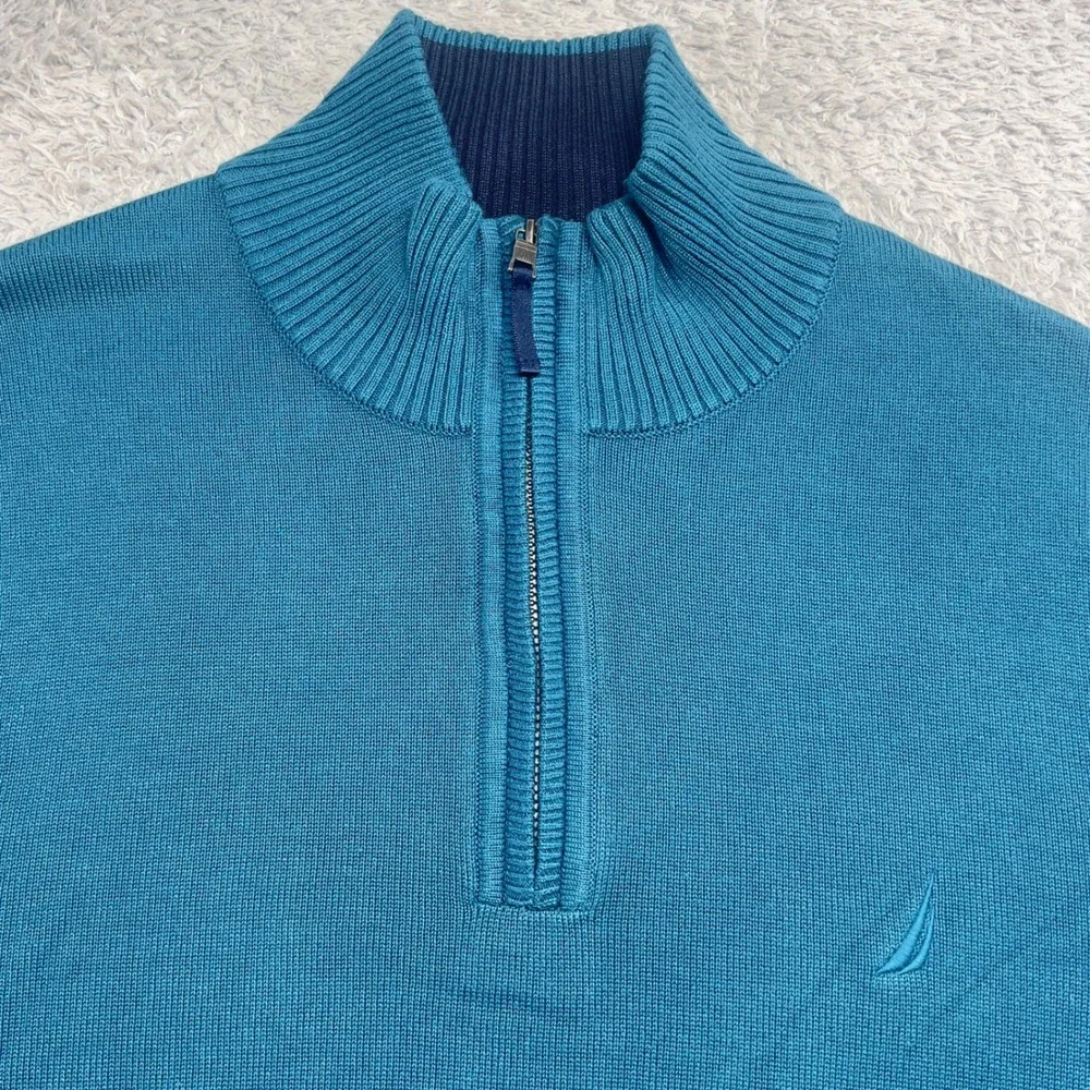 Nautica Sweater Mens Large Teal Blue Cotton Viscose Blend Quarter Zip Pullover